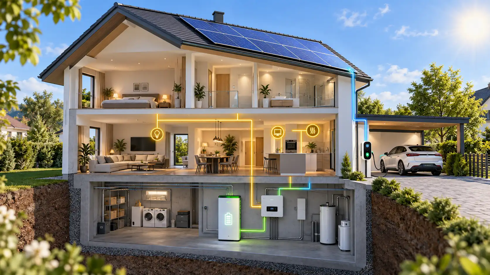 Modernes Einfamilienhaus im Querschnitt mit Photovoltaikanlage auf dem Dach, Batteriespeicher im Keller und Wallbox zum Laden eines Elektroautos. Die offenen Wohnräume zeigen, wie Solarstrom im Haushalt genutzt wird.