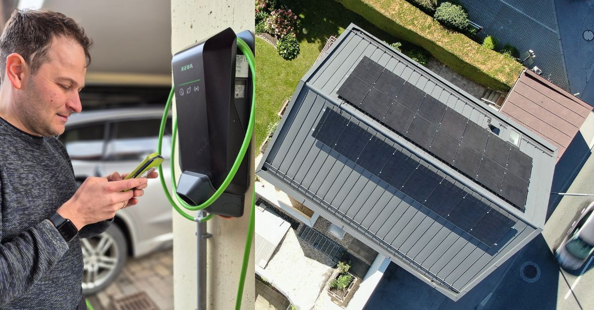 Abbildung einer Wallbox und einer PV-Anlage an einem realen Einfamilienhaus 