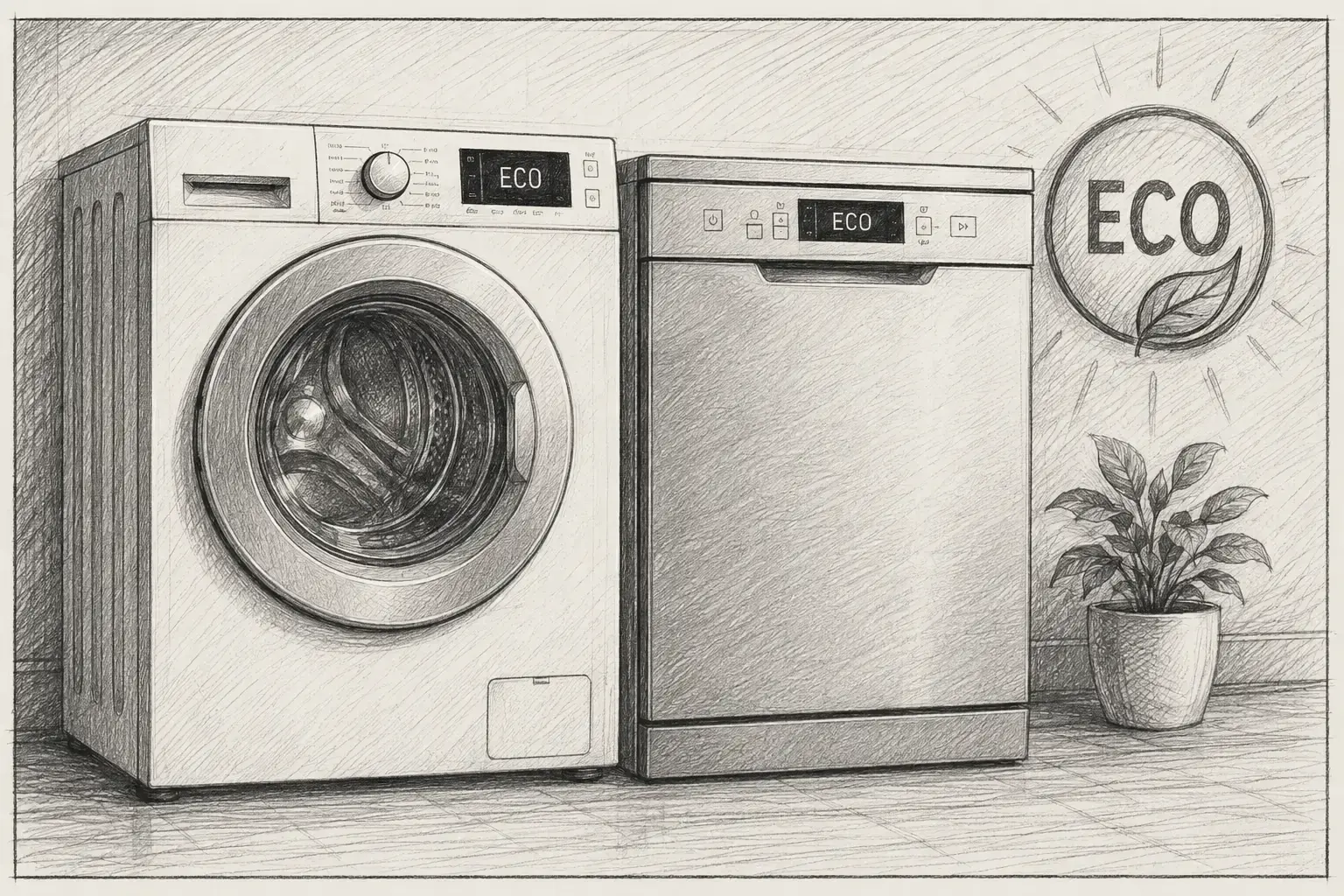 Waschmaschine und Geschirrspüler handgezeichnet