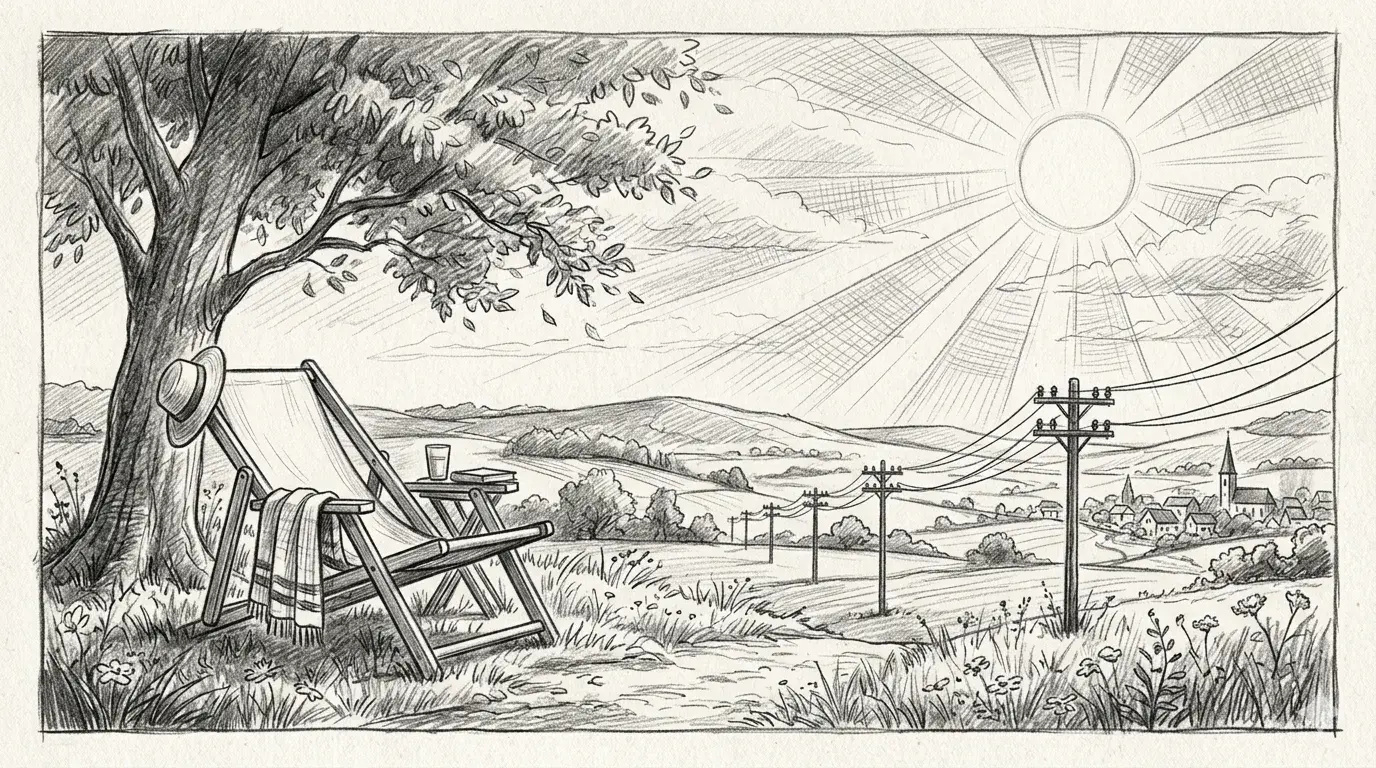 Bleistiftzeichnung von einem Landschaftsbild mit Liegestuhl