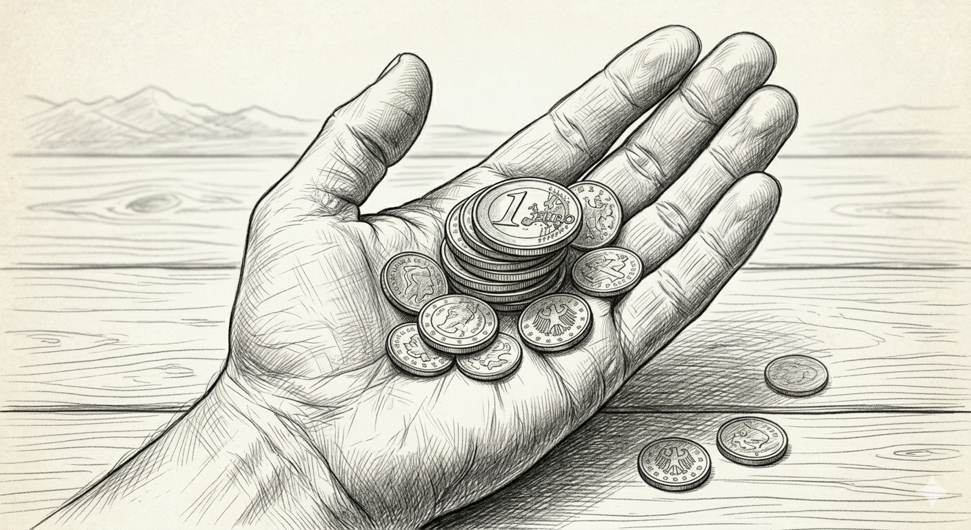 Skizzierte Handfläche mit Münzgeld 
