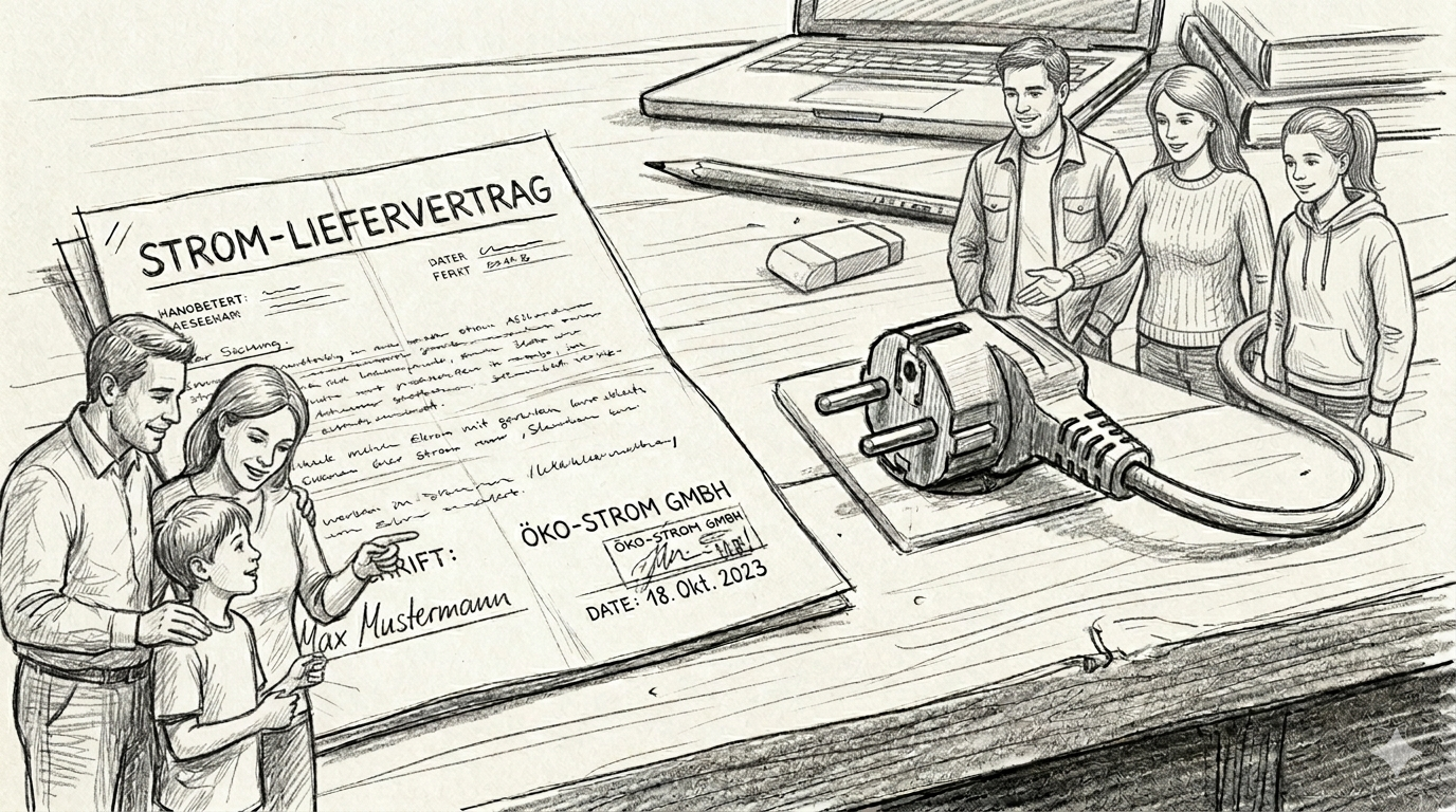 Abbildung eines Stromvertrages mit gezeichneten Menschen im Hintergrund